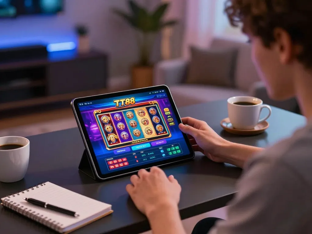 Engaging user plays on the TT88 casino app on a tablet, surrounded by cozy home decor.