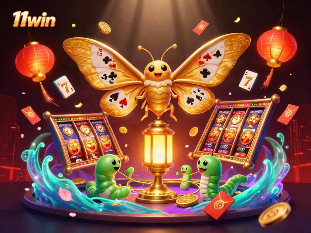 Engage with 11win's vibrant online slots through dynamic visuals of golden jackpots and playful characters.