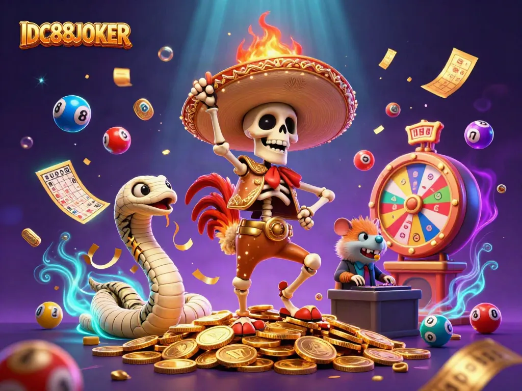 Witness the vibrant celebration at IDC88JOKER with a dancing mariachi rooster and golden confetti in a dynamic casino scene.