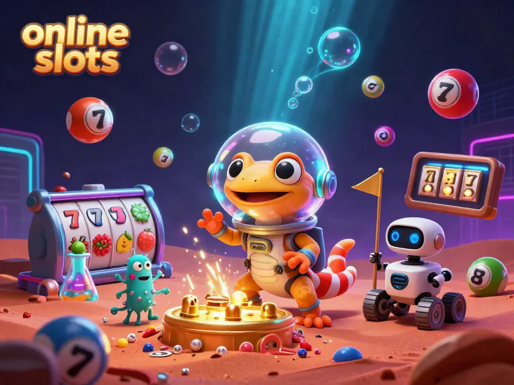 Play dynamic online slots in a vibrant extraterrestrial casino scene with 3D characters and gaming elements.