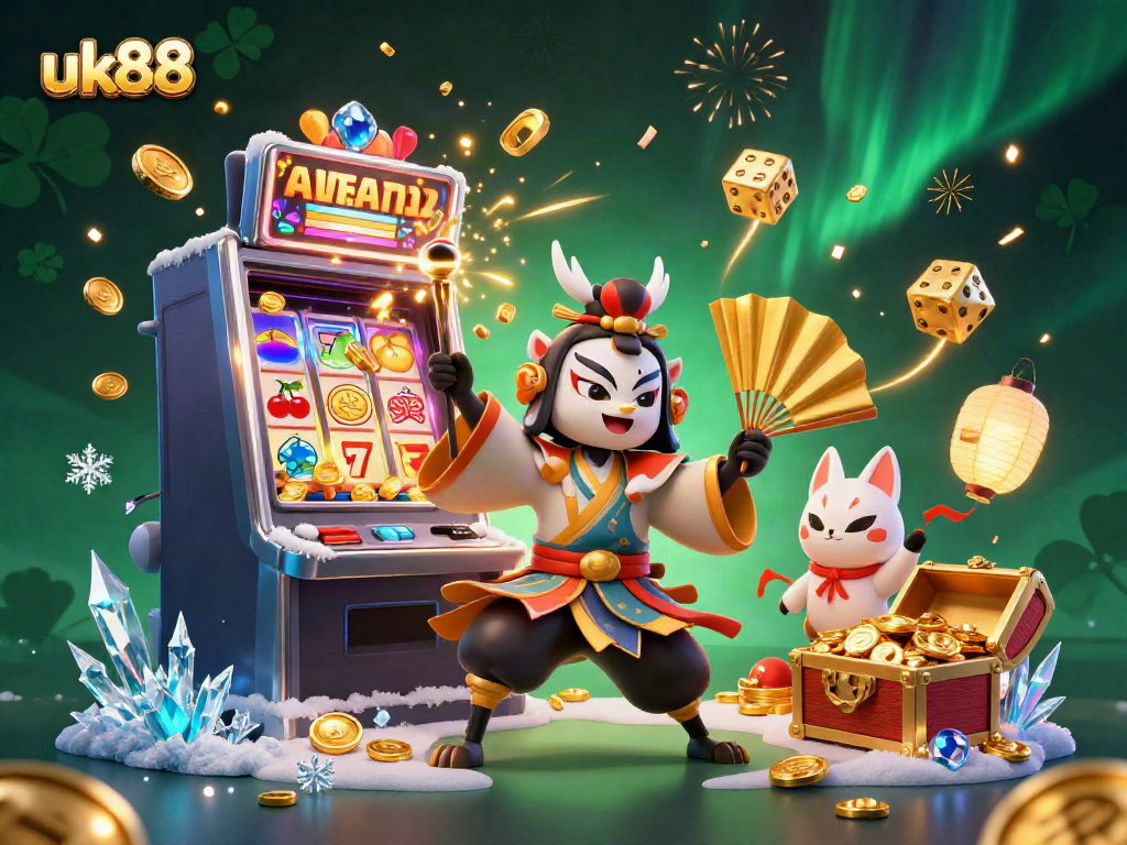 Engage with thrilling uk88 casino action featuring a kabuki warrior and kitsune in a vibrant jackpot scene.
