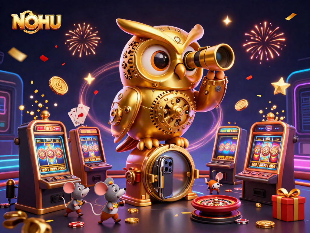 Engage in thrilling gameplay at NOHU with an exciting 3D casino scene featuring vibrant characters and slot elements.