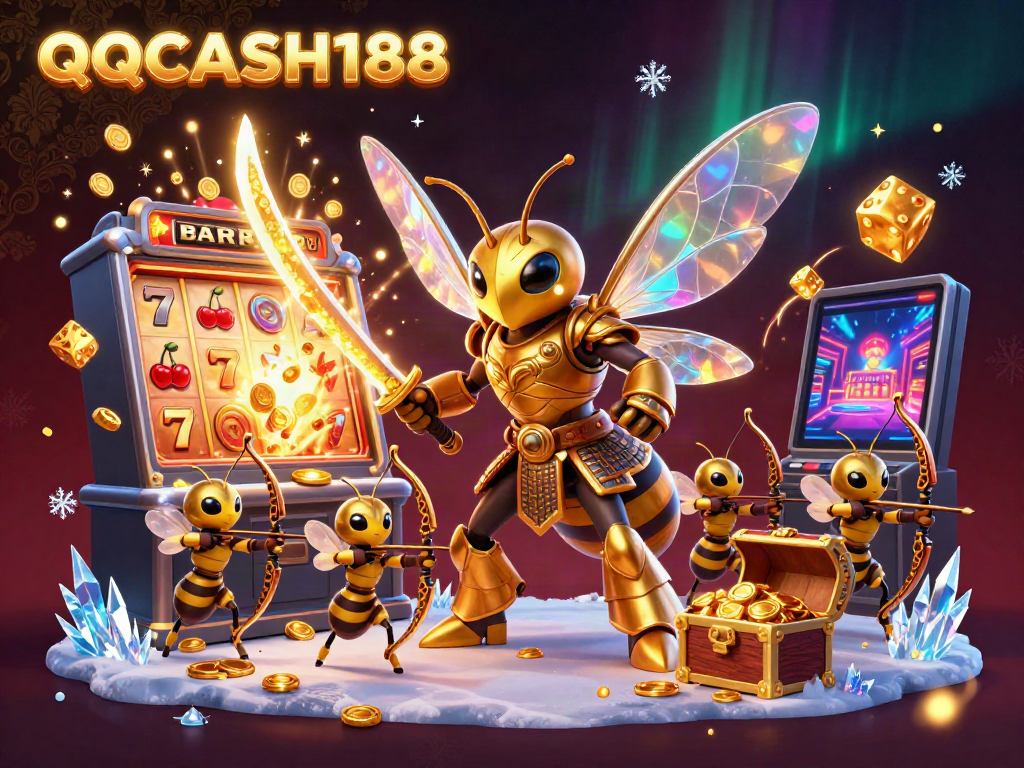 Engage in thrilling gameplay at QQCASH188 with a vivid scene showcasing slot machines and dynamic gaming elements.