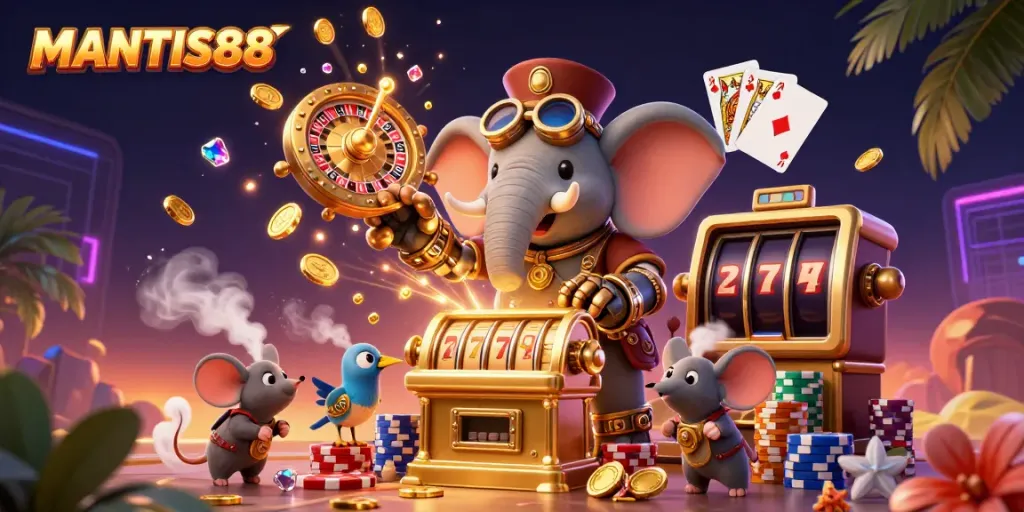MANTIS88 brings excitement with a steampunk elephant engineer operating a golden slot machine.
