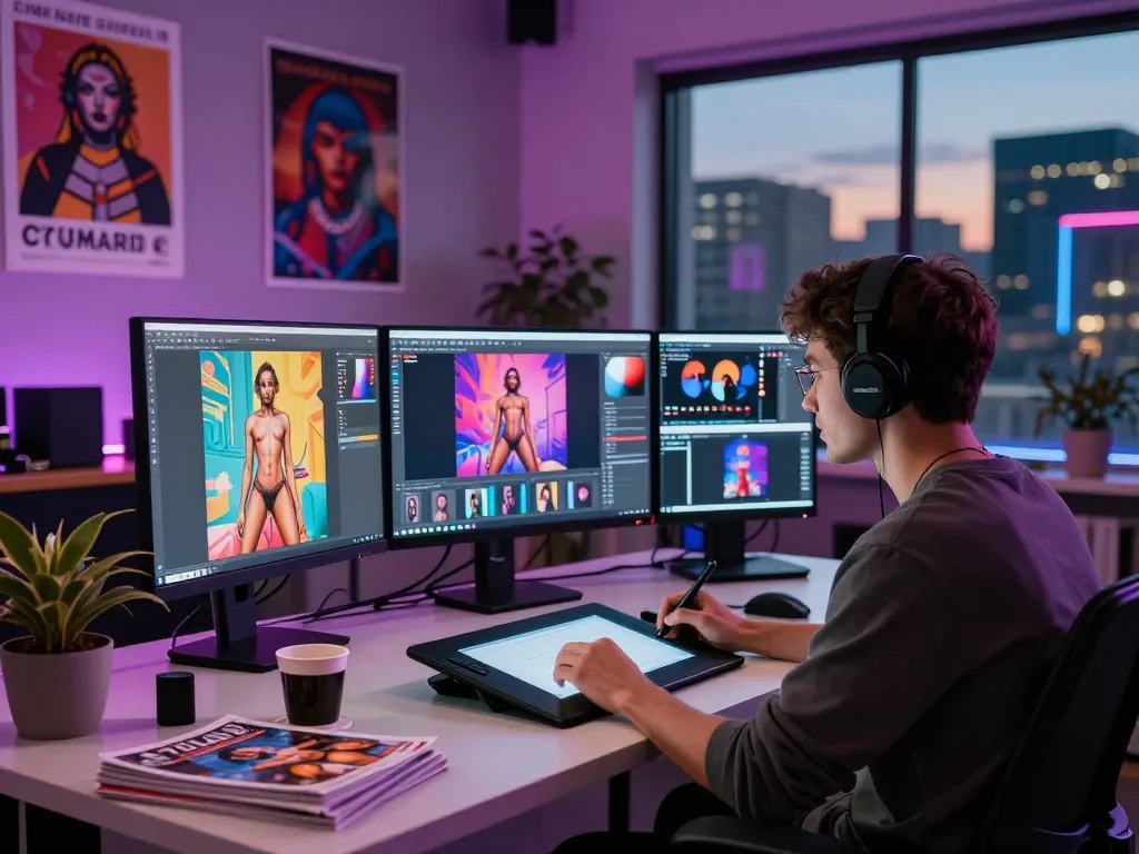 Designer creating AI porn images in a digital studio with vibrant technology.