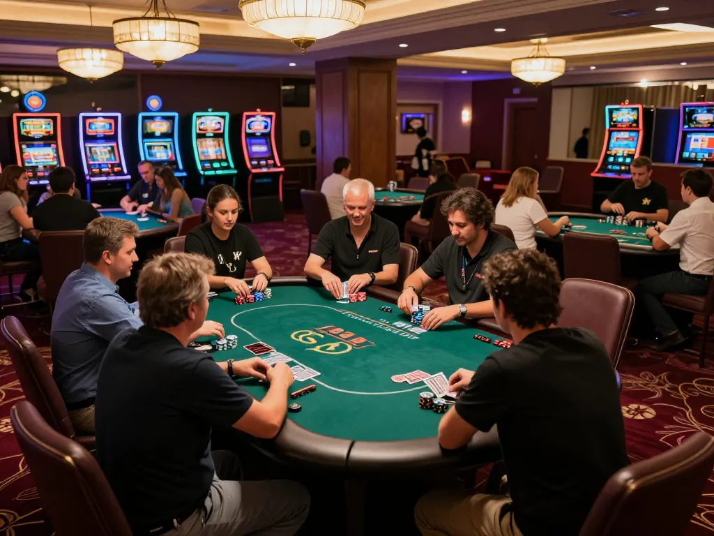 man88 players engaging at a vibrant poker table in an upscale casino environment, showcasing exciting gameplay and ambient lighting.