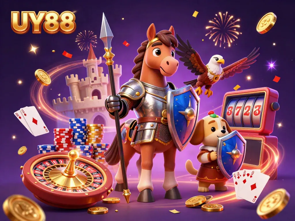 Enjoy casino action with UY88, featuring a knight, puppy, and falcon amidst golden coins and poker chips.