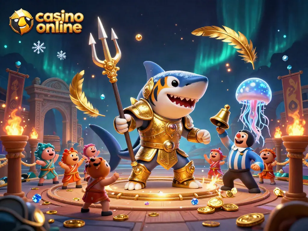 Juega en un casino online emocionante con tiburón guerrero en armadura dorada, multitud de peces y elementos de juego.