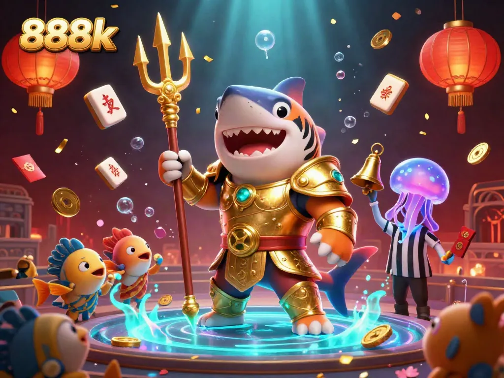 Experience the thrill of 888k with a fierce tiger shark gladiator amidst a vibrant underwater casino scene.