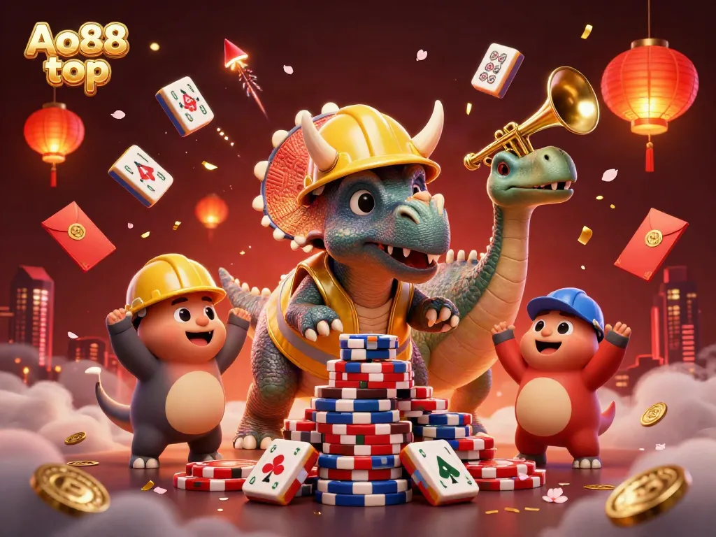 Engage with Ao88 top through a vibrant celebration of casino gaming elements in a cartoon scene