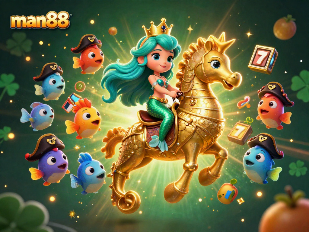 Experience thrilling game action at man88 with a vibrant casino-themed 3D illustration featuring slots and a mermaid princess.