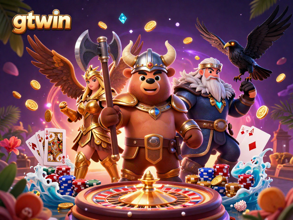 Experience thrilling gameplay with gtwin's vibrant 3D illustration, featuring casino elements like roulette and poker.