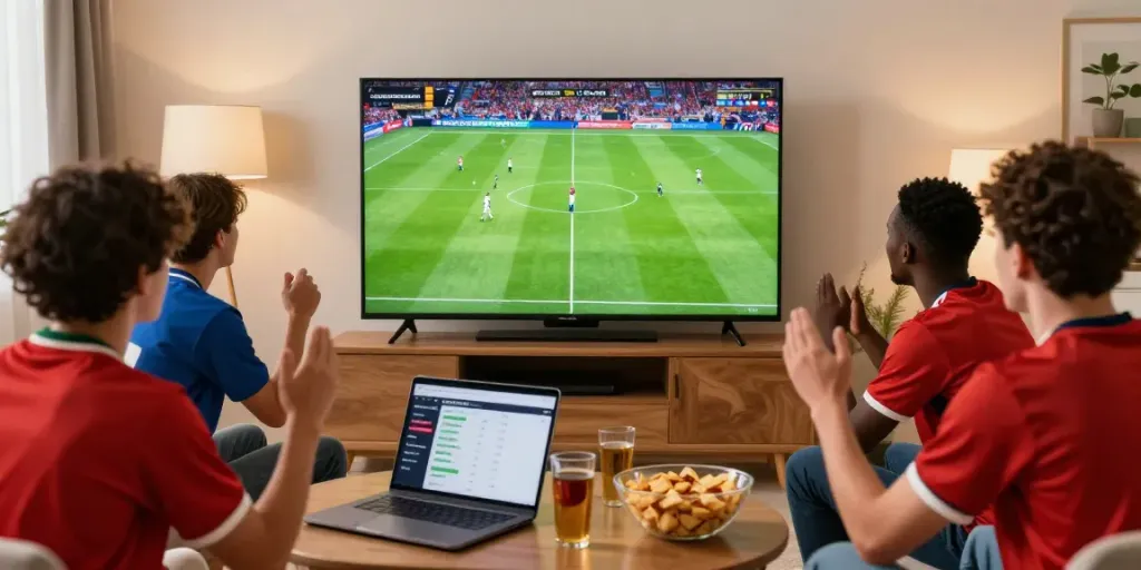 Fans enjoying a live football match from https://xoilactvx.me/ with snacks and jerseys.