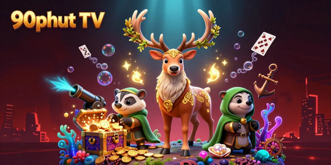 Bet big with 90phut TV’s stunning gambling adventure illustration featuring vibrant characters and treasure.