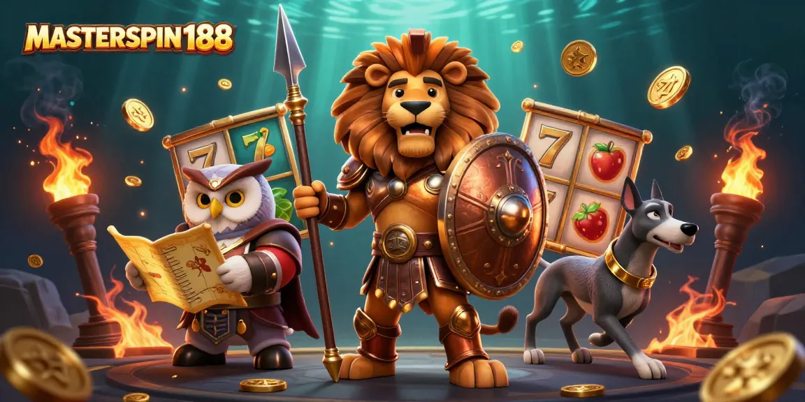 Engage with the MASTERSPIN188 slot experience featuring a bronze lion in armor amidst colorful casino elements.