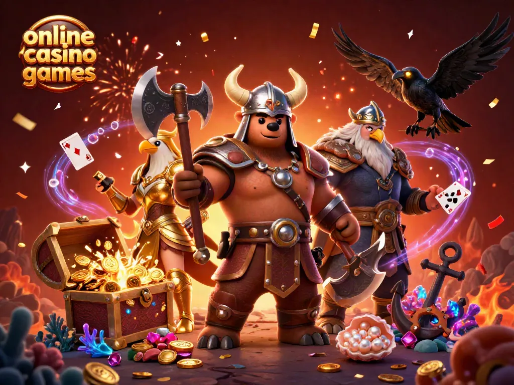 Engage with online casino games featuring a Viking bear and Valkyrie eagle amidst treasure and cards.