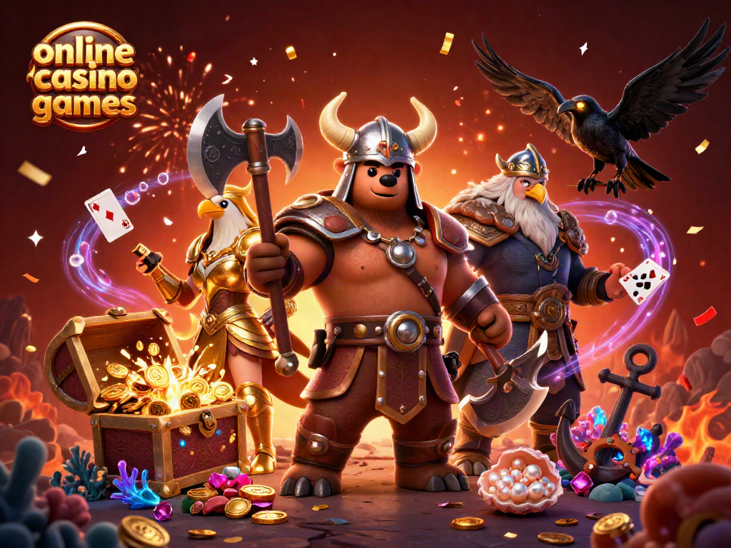 Engage with online casino games featuring a Viking bear and Valkyrie eagle amidst treasure and cards.