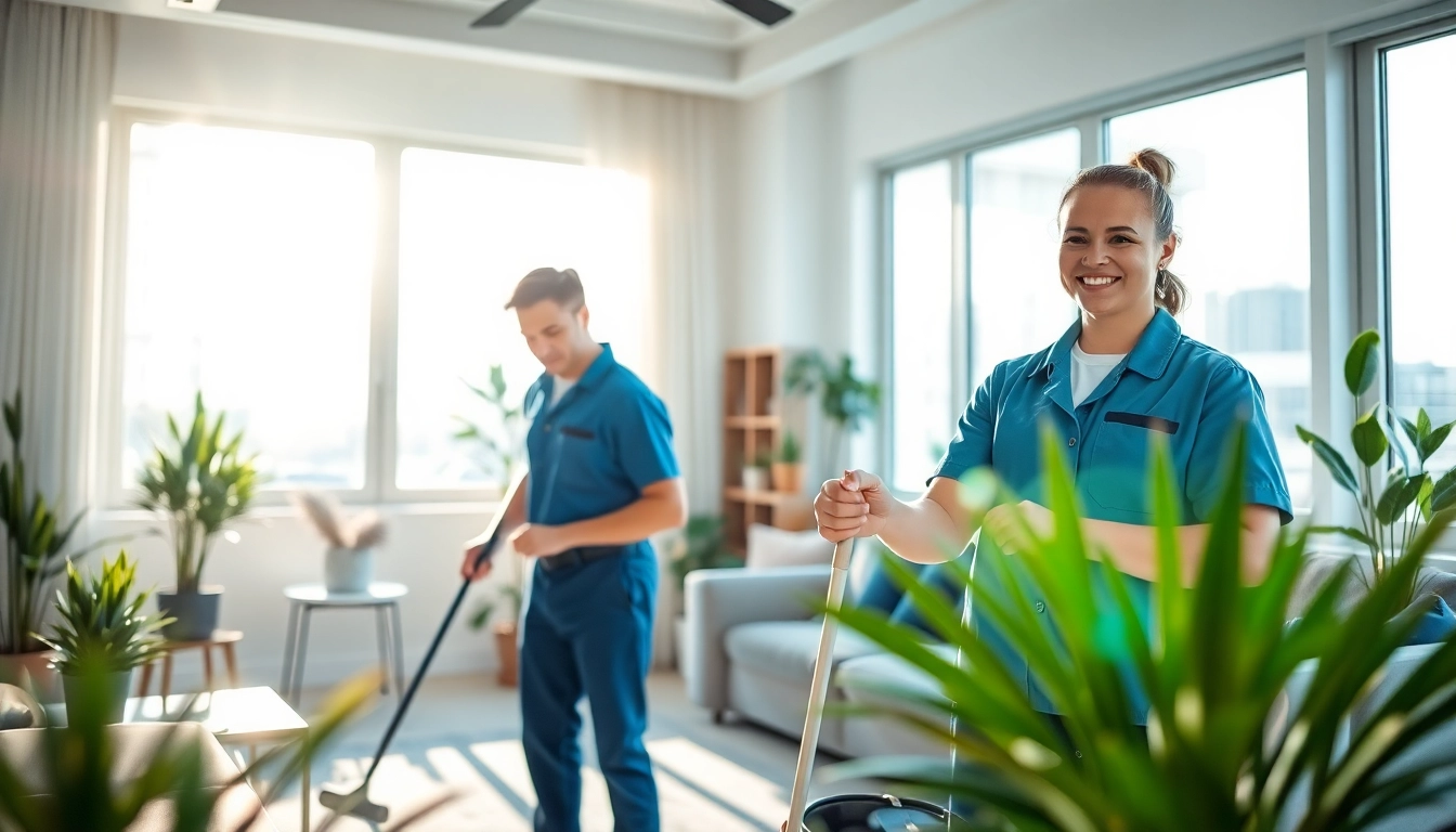 Technicians providing cleaning services calgary in a bright, tidy living room.