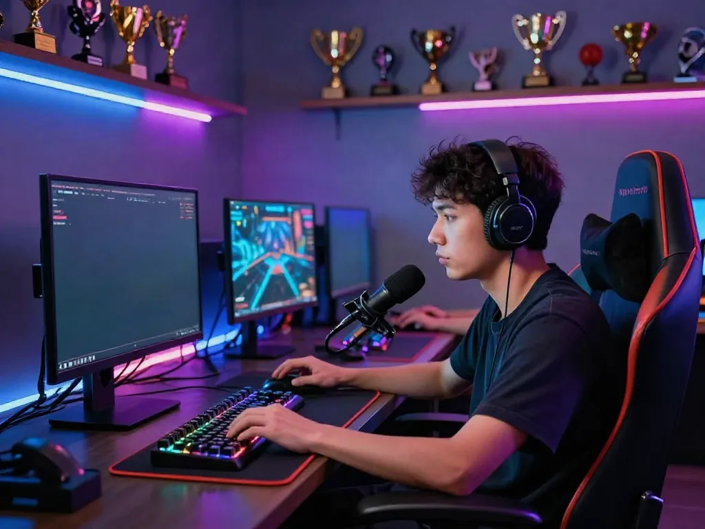 Engaged player at a gaming setup showcasing ku88 esports experience with vibrant graphics.