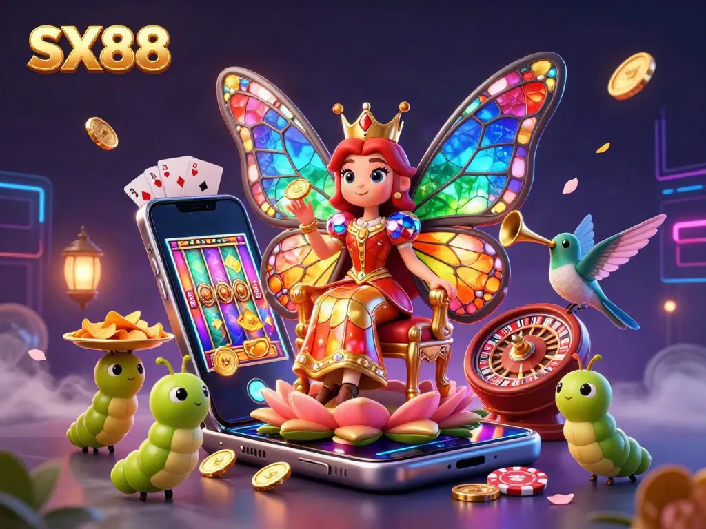 SX88 invites players into a vibrant world of slots with a butterfly queen, golden coins, and an engaging smartphone interface.