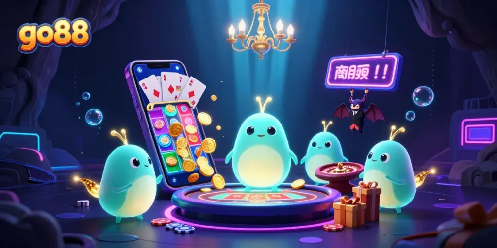 Experience go88's vibrant casino atmosphere with bioluminescent glowworms and exciting gaming elements.