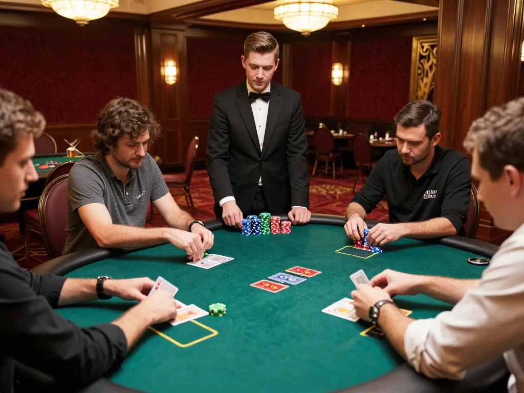 Exciting poker game at o8casino with players focused and chips stacked high on the table.