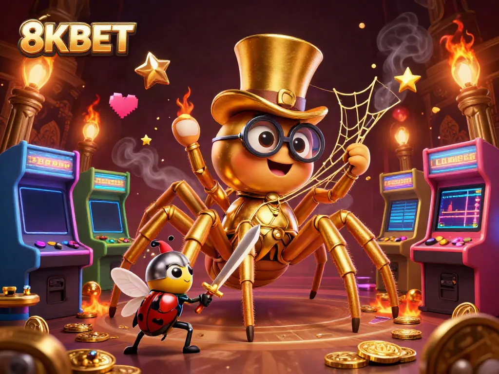 Engage with the vibrant world of 8KBET, where a giant golden tarantula weaves a web of gambling excitement amid colorful arcade machines.