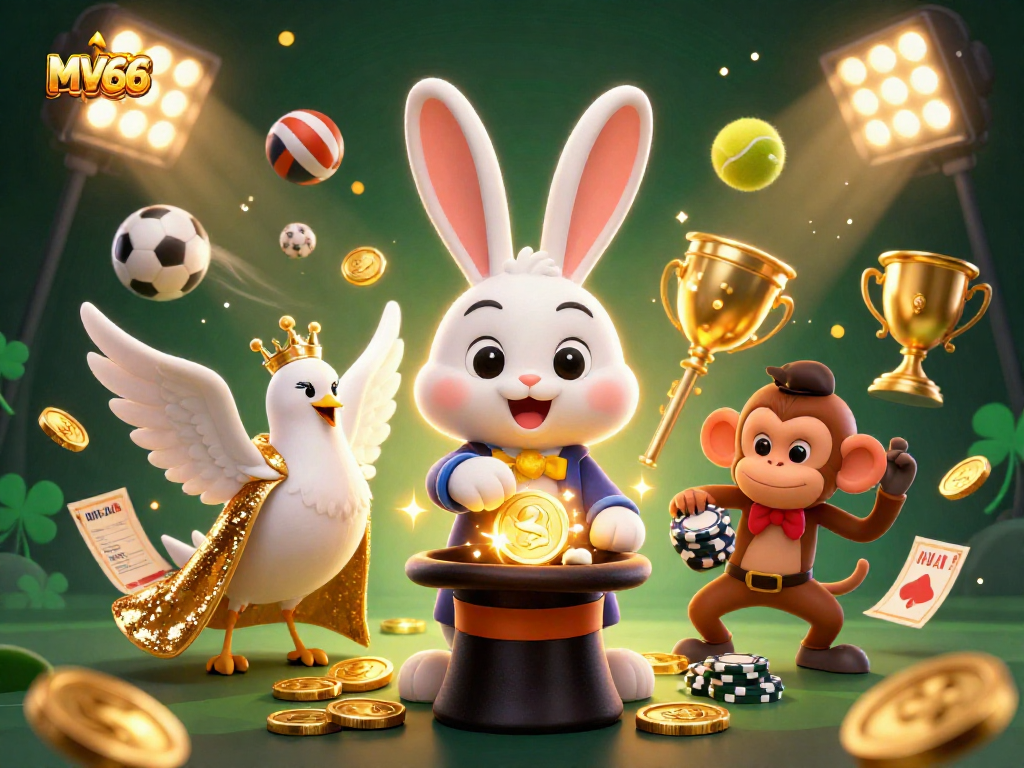 Win big at MV66 with a magical 3D illustration featuring a magician rabbit, dove, and monkey surrounded by casino games.