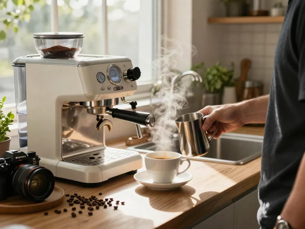 Enjoying ROKOK88 espresso machine, perfect extraction for coffee lovers.