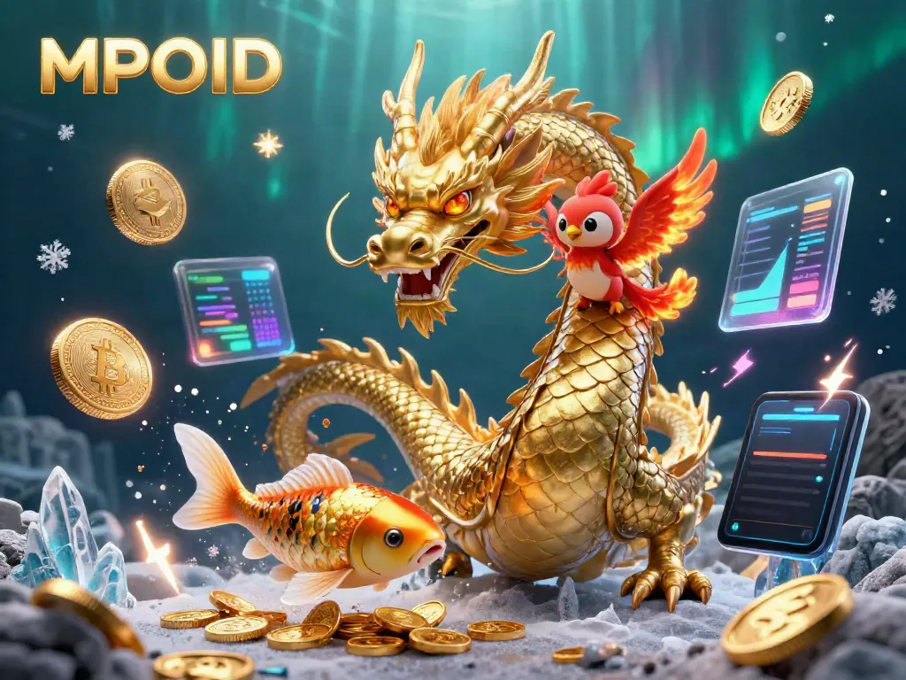 MPOID showcases a fierce dragon, a phoenix, and coins, illustrating its gaming platform.
