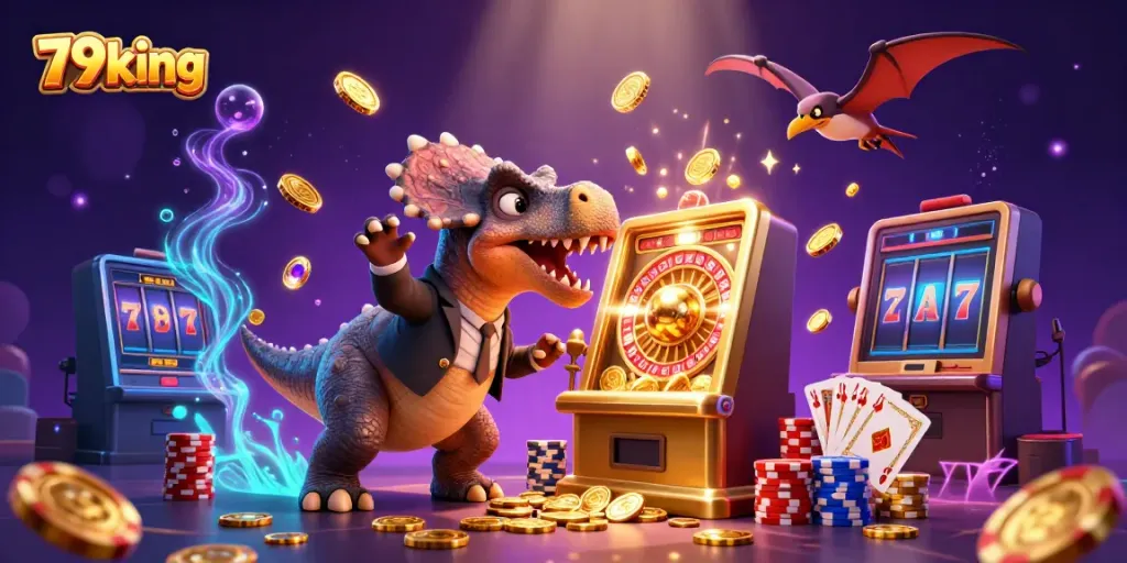 Experience the excitement of winning at 79king with a pachycephalosaurus headbutting a slot machine.