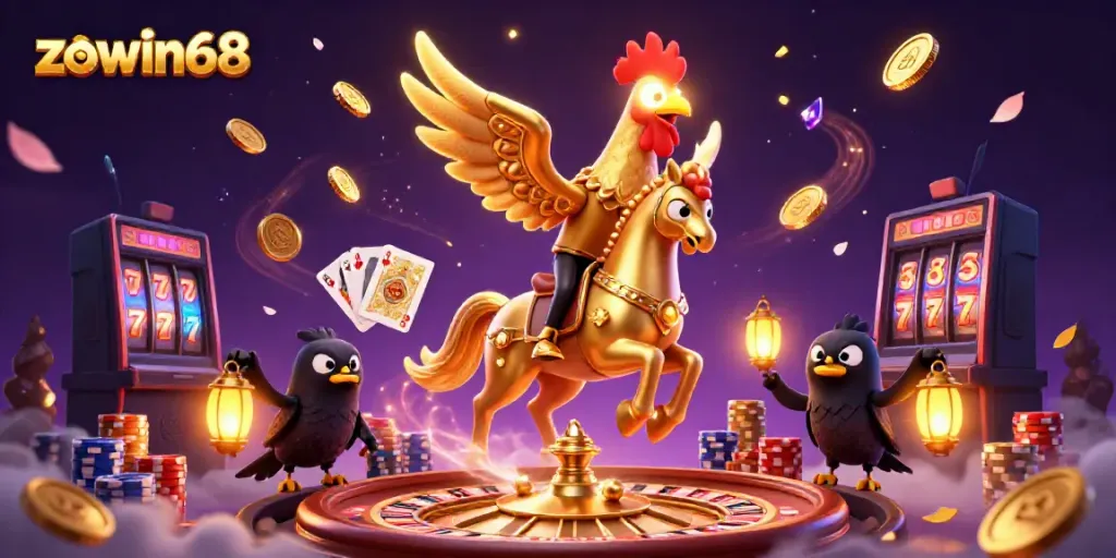 Zowin68 showcases a dynamic golden rooster in a casino, surrounded by vibrant gaming elements.