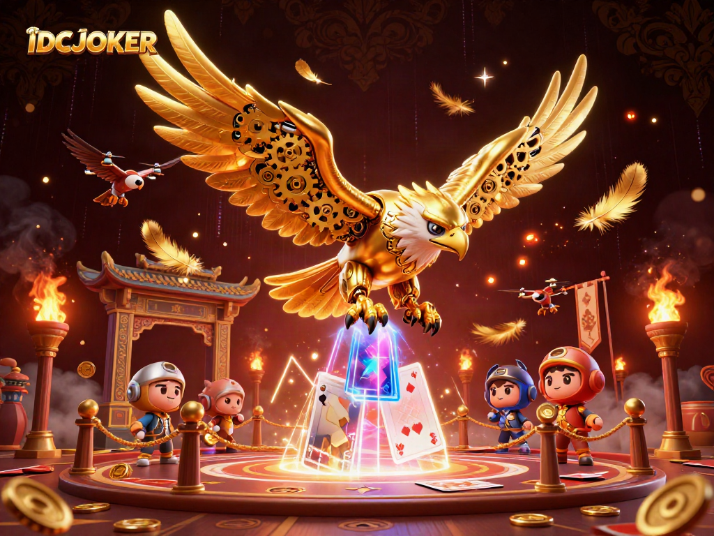 IDCJOKER showcases a vibrant casino scene with a golden eagle amidst holographic playing cards.