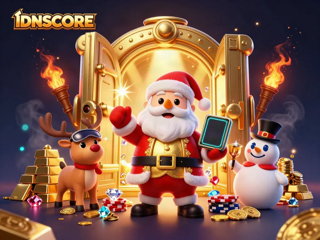 Experience thrilling wins at IDNSCORE with Santa, reindeer, and snowman in a casino scene.