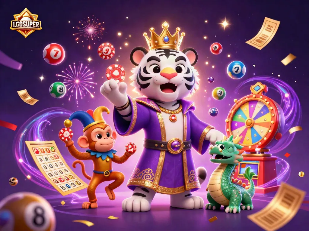 Experience excitement with LGOSUPER as a majestic tiger and playful monkey juggle casino elements in vibrant celebration.