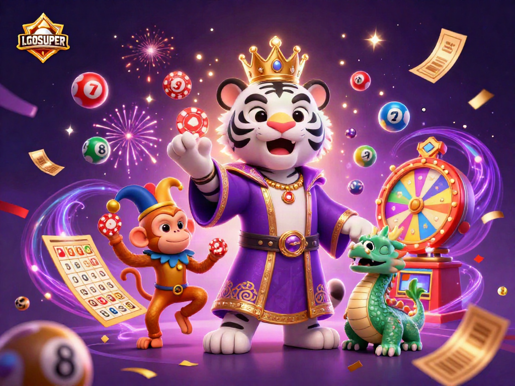 Experience excitement with LGOSUPER as a majestic tiger and playful monkey juggle casino elements in vibrant celebration.