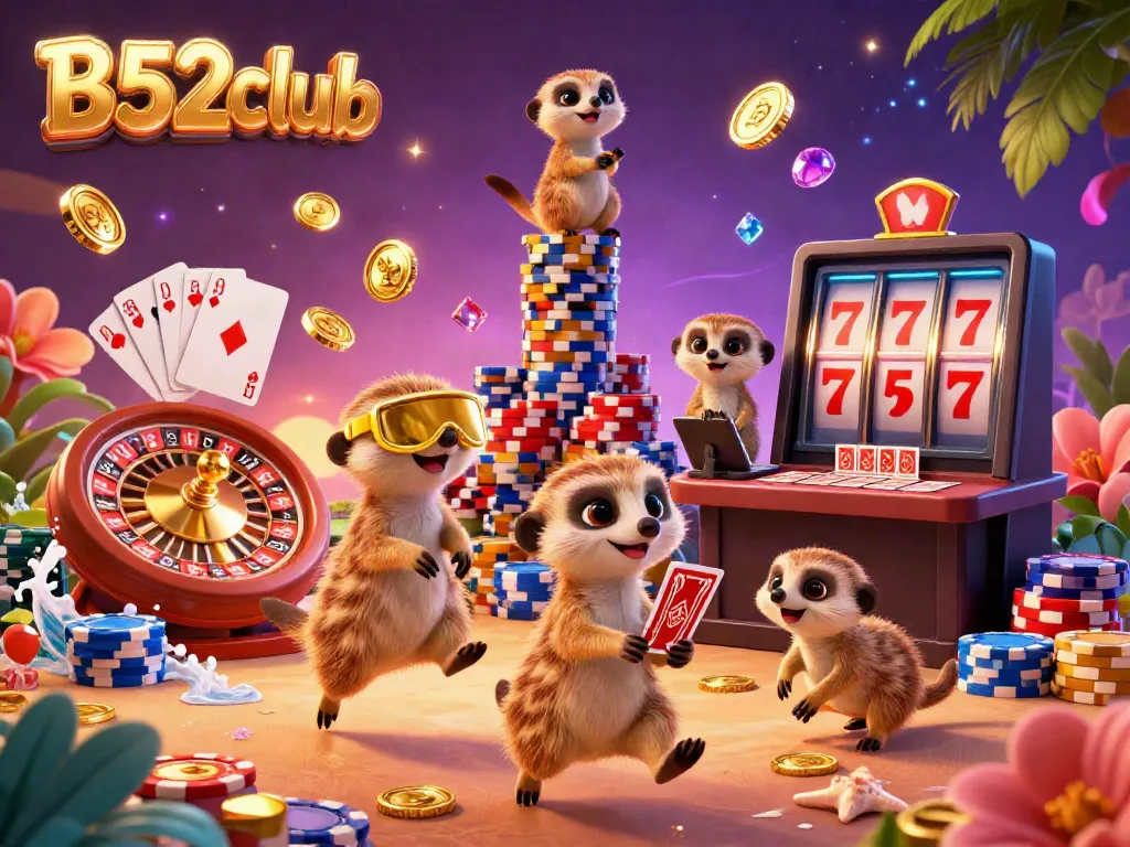 Experience thrilling gameplay at B52club with meerkats running a vibrant casino operation filled with chips and gold.
