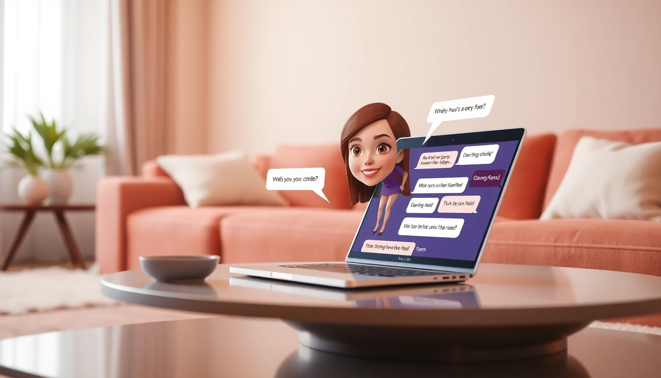 Engaging porn chat ai interface with a digital character in a modern living room, promoting interactive experiences.