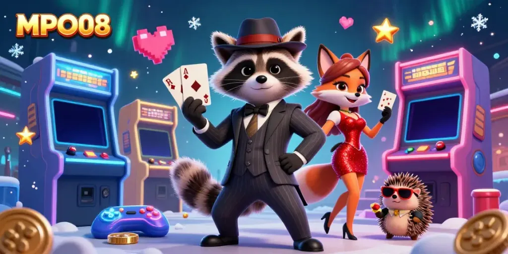 MPO08 features a suave raccoon in a pinstripe suit and a fox in a sequined dress, surrounded by vibrant casino elements.