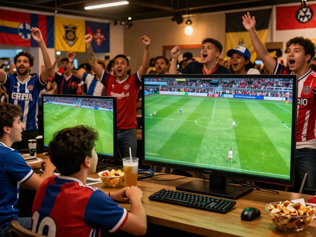 Fans enjoying live soccer matches on https://thapcamtv.ac/ in an energetic viewing party setting.