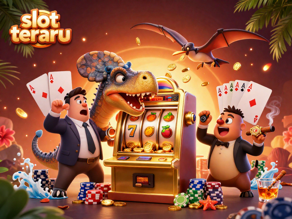 Experience thrilling wins at slot terbaru with a cartoon dinosaur hitting a jackpot, golden coins fly around.