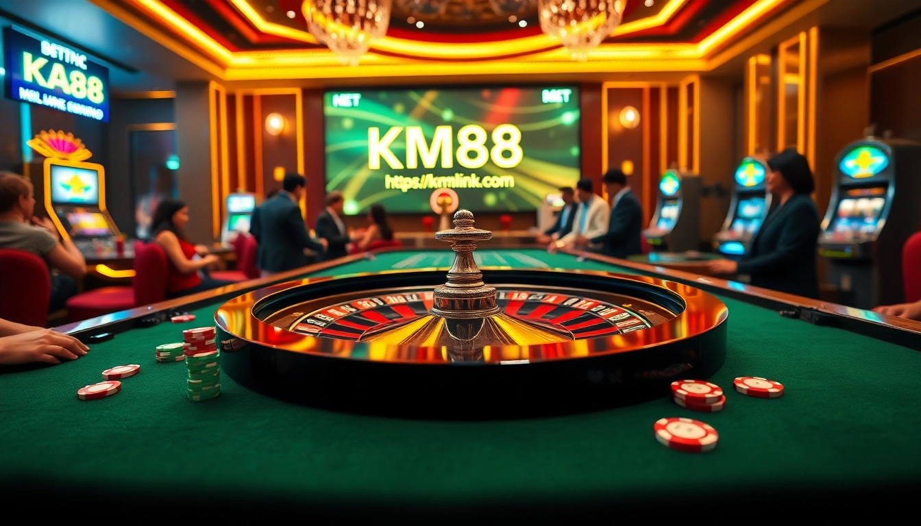 Players enjoying roulette at https://km88link.com/ with vibrant casino elements and an online interface.