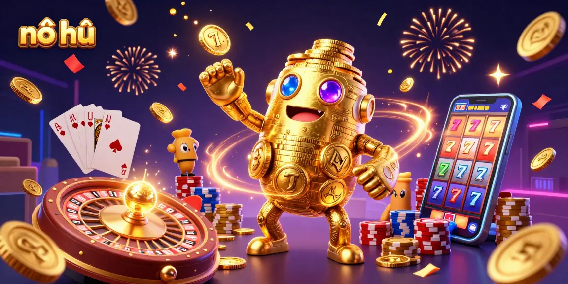 Experience thrilling nổ hũ action with a golden golem, dazzling coins, and spinning roulette in a vibrant casino scene.