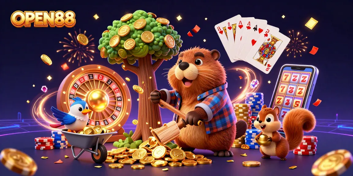 OPEN88 promotes winning strategies with a lively casino scene featuring cartoon characters collecting gold coins.