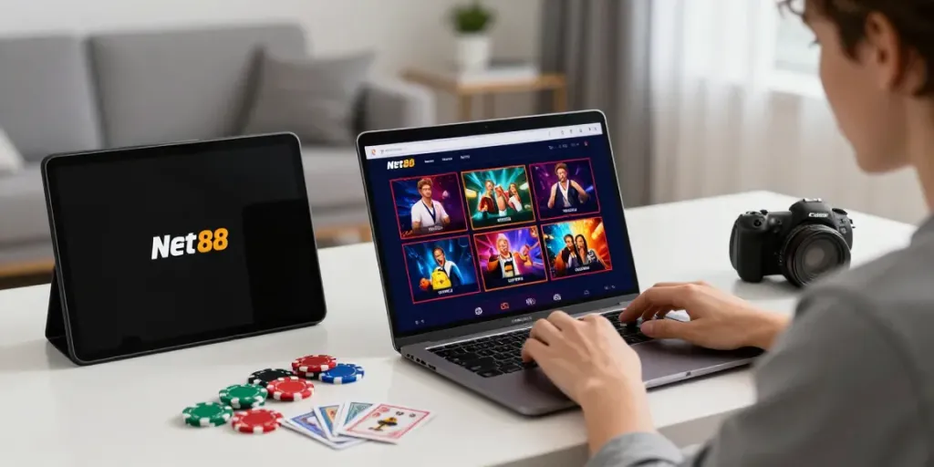 Interactive NET88 online betting experience with stylish gaming setup.