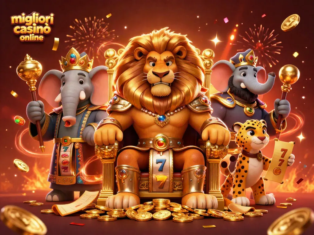 I migliori casinò online in un'illustrazione festosa con re e simboli di slot che girano.