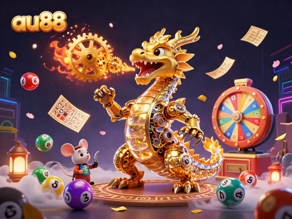 Experience the thrilling world of au88 with a vibrant illustration featuring a golden dragon and dynamic casino elements.