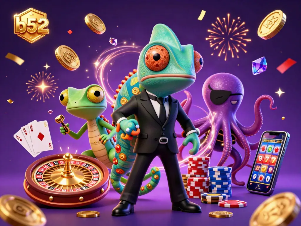 Join the exciting b52 casino experience with our colorful characters amidst golden coins and vibrant lights.