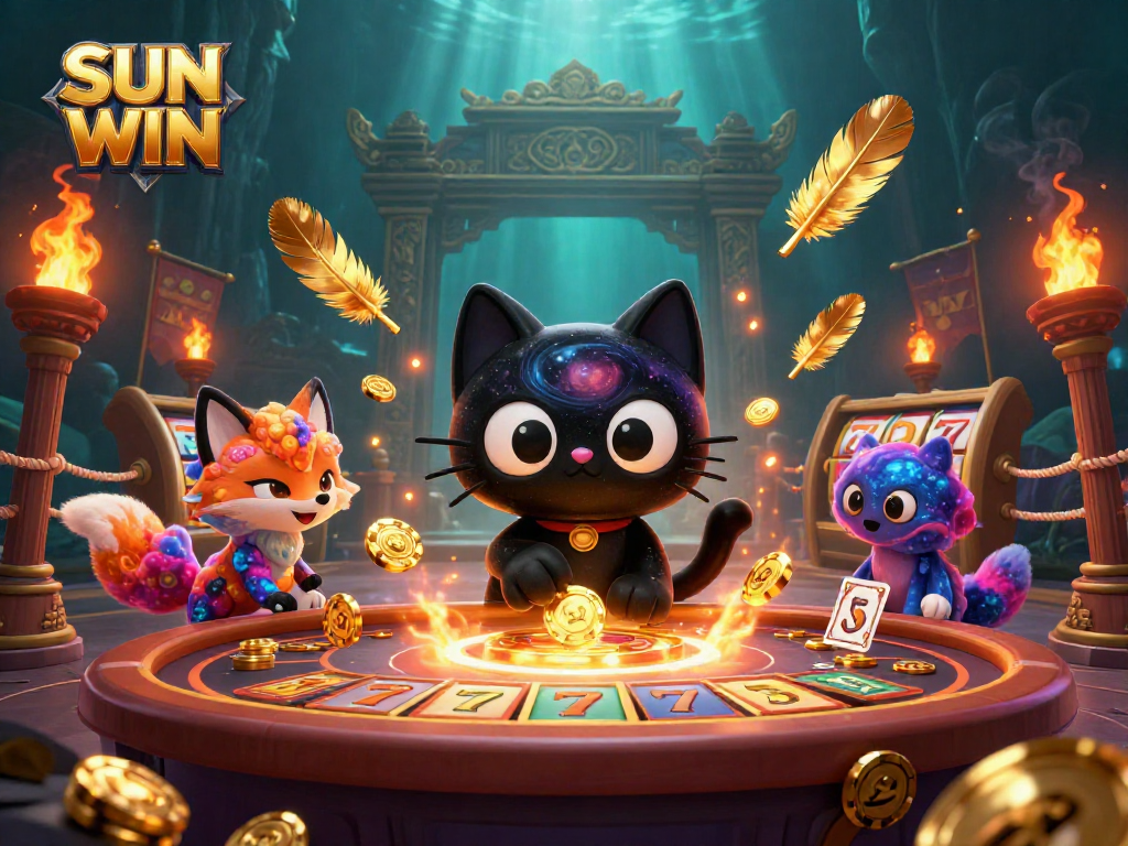 Engage with SUN WIN at a cosmic casino where vibrant characters pull in golden chips and cards.