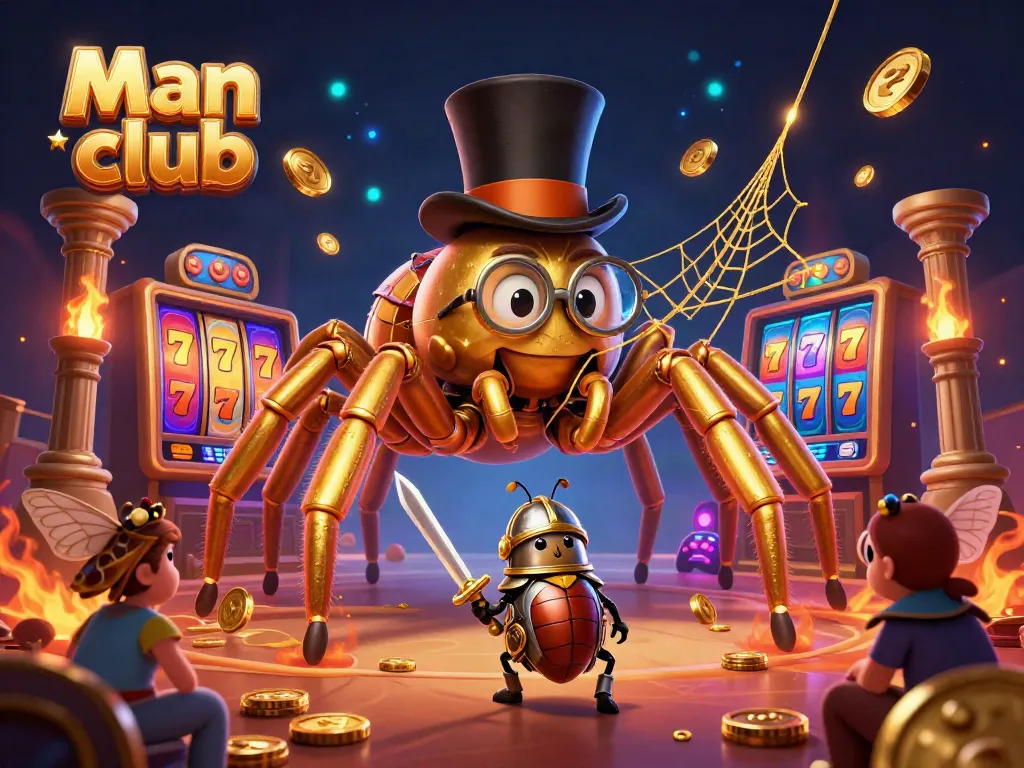 Engage with the Man club's golden tarantula weaving a web among vibrant slot machines in this 3D illustration.